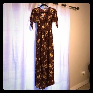 Long, maroon, flowered dress